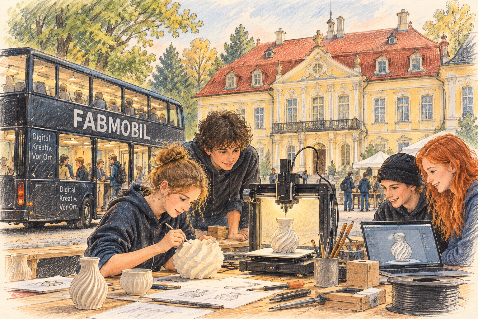 Gezeichnete Szene vor dem Barockschloss Oberlichtenau. Jugendliche arbeiten an einem Tisch mit keramischem 3D-Druck, Computer und Werkzeugen; daneben steht das schwarze FABMOBIL.
