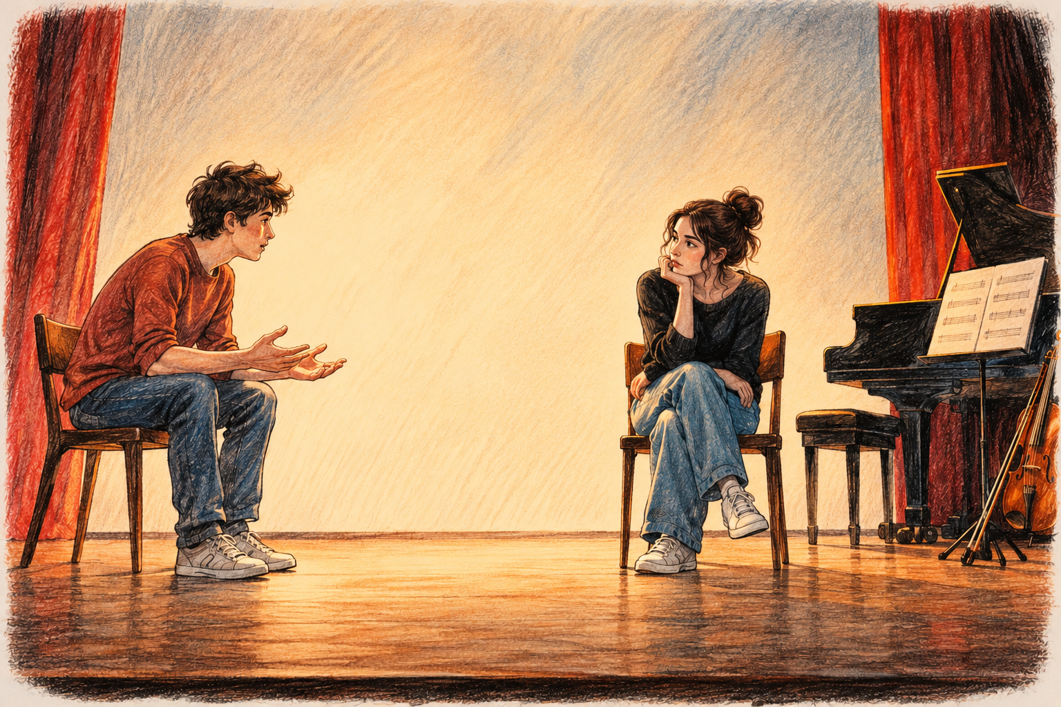 Gezeichnete Theaterszene mit zwei jungen Menschen, die sich mit Abstand gegenübersitzen. Einer spricht und gestikuliert, die andere hört schweigend zu; am Bühnenrand stehen Musikinstrumente.