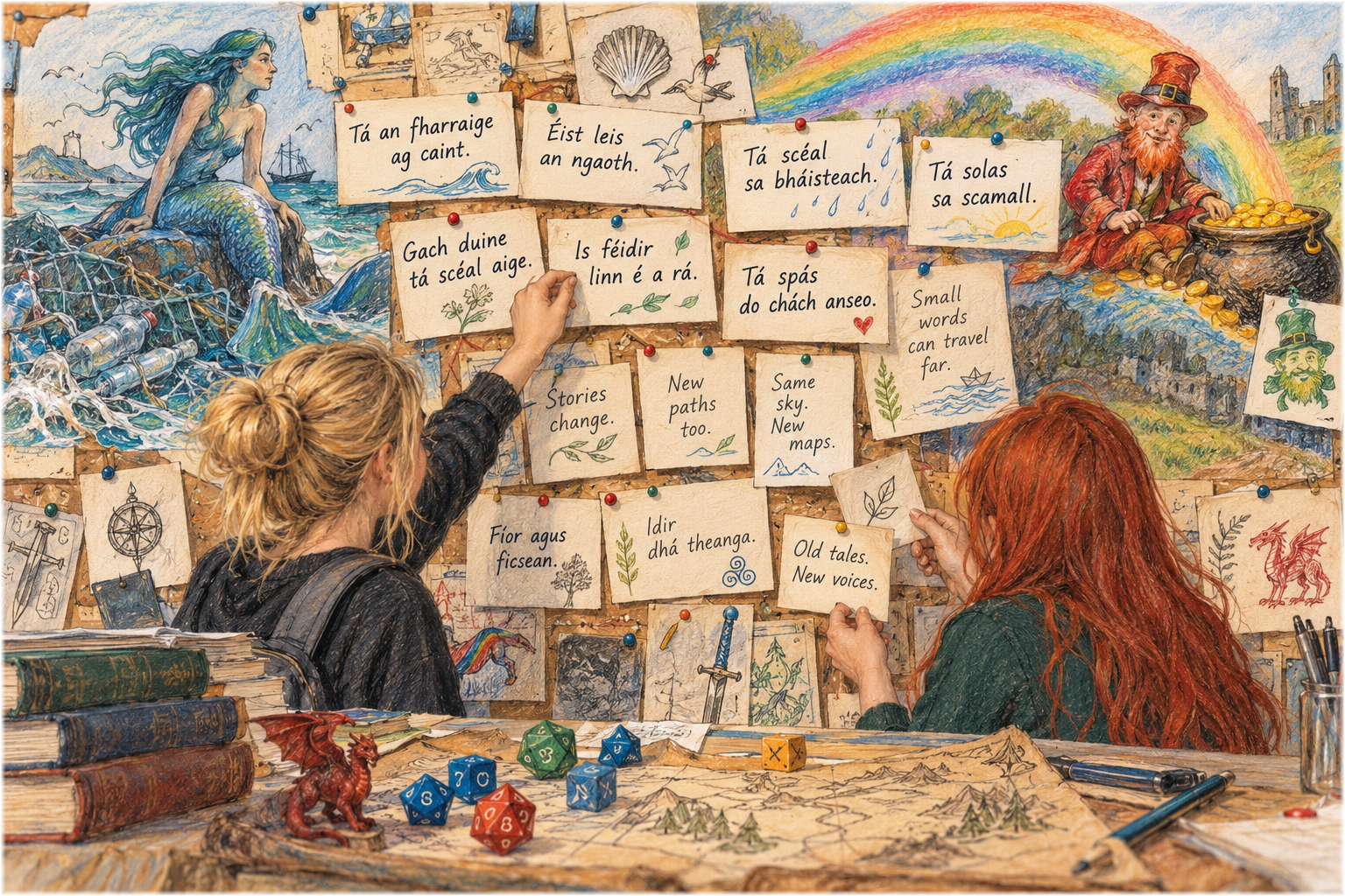 Gezeichnete Pinnwand mit zwei Jugendlichen, irischen und englischen Verskarten, Meerjungfrau, Regenbogen, Leprechaun und D&D-Würfeln.