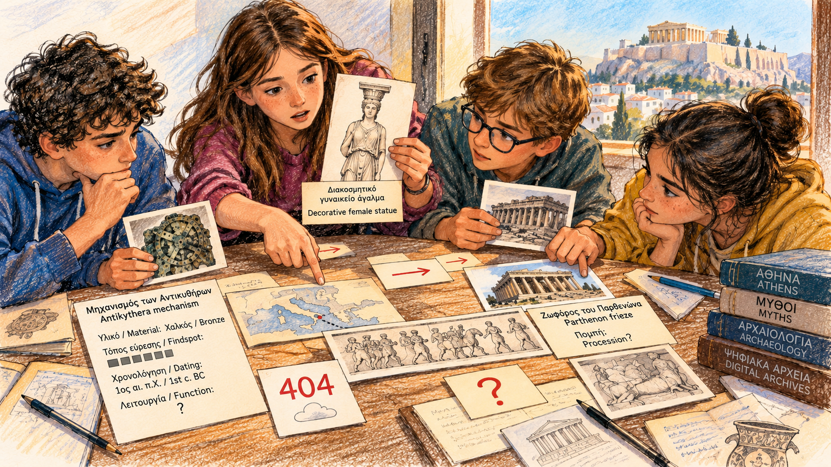 Gezeichnete Szene mit vier Jugendlichen an einem Tisch voller griechisch-englischer Rätselkarten zu antiken Objekten; im Hintergrund ist die Akropolis zu sehen.