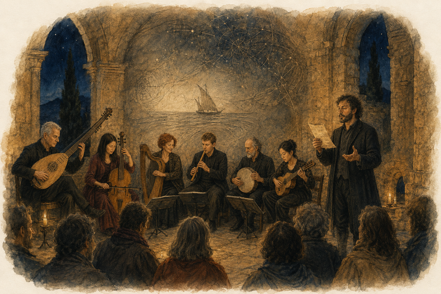 Freie Illustration eines Ensembles mit historischen Instrumenten bei einem abendlichen Konzert unter steinernen Bögen; rechts begleitet ein Erzähler die Musik mit einem Manuskript.