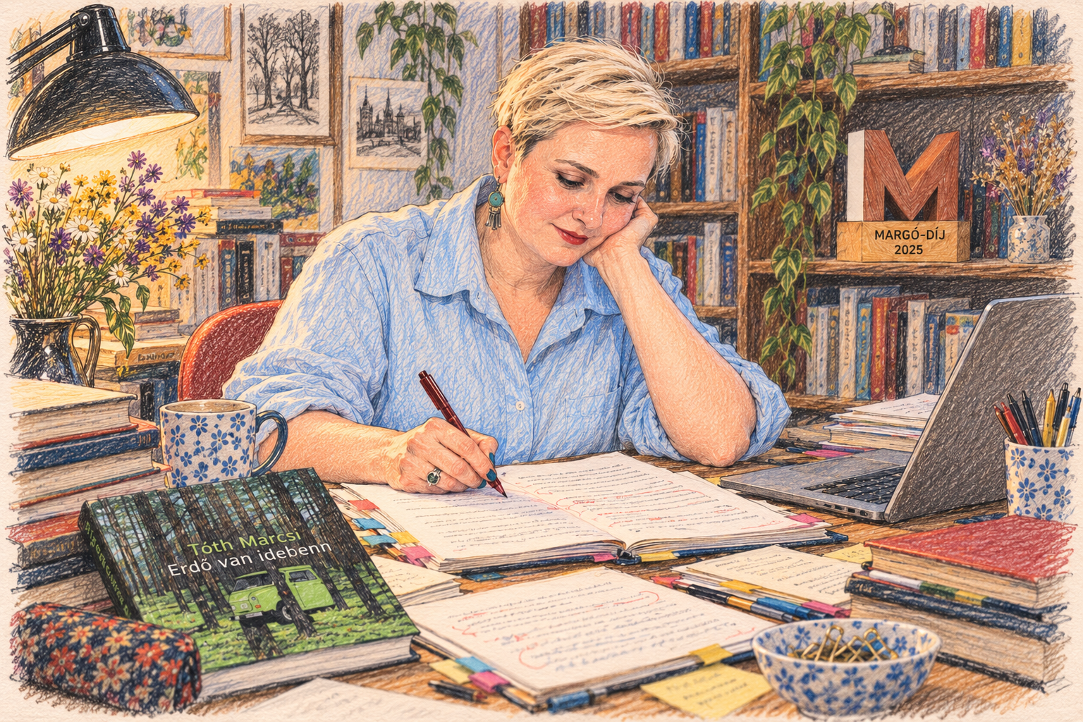 Buntstiftzeichnung von Marcsi Tóth beim Überarbeiten von Manuskriptseiten an einem Schreibtisch; daneben liegt ihr Buch „Erdő van idebenn“, im Regal steht die Margó-Trophäe.