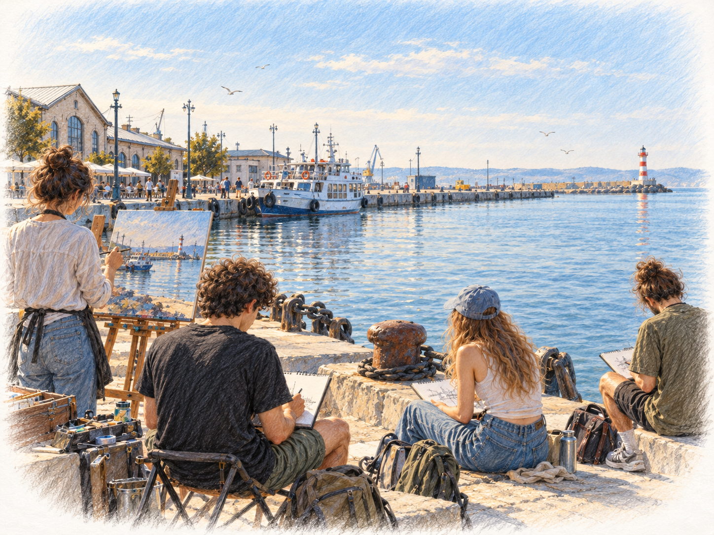 Buntstiftillustration: Junge Künstler zeichnen und malen am Hafen von Burgas; im Hintergrund liegen ein Schiff, die lange Mole und ein entfernter Leuchtturm.