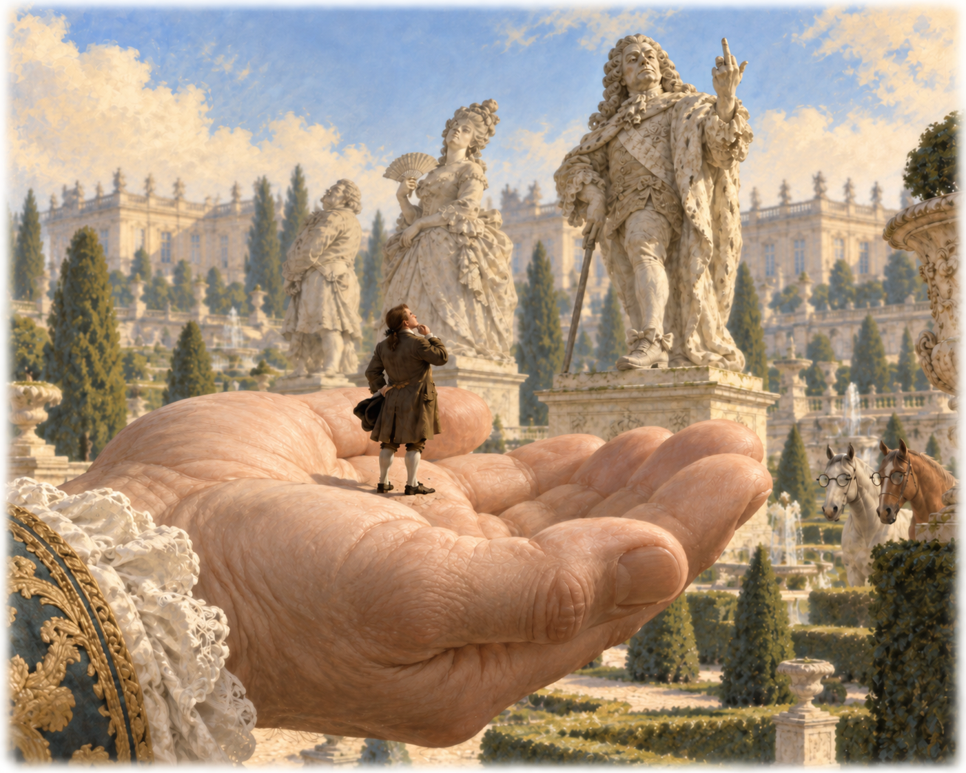 Der winzige Gulliver steht auf der offenen Hand eines Riesen. Dahinter erstreckt sich ein barocker Schlossgarten mit übergroßen Adelsstatuen und zwei Brillen tragenden Pferden.