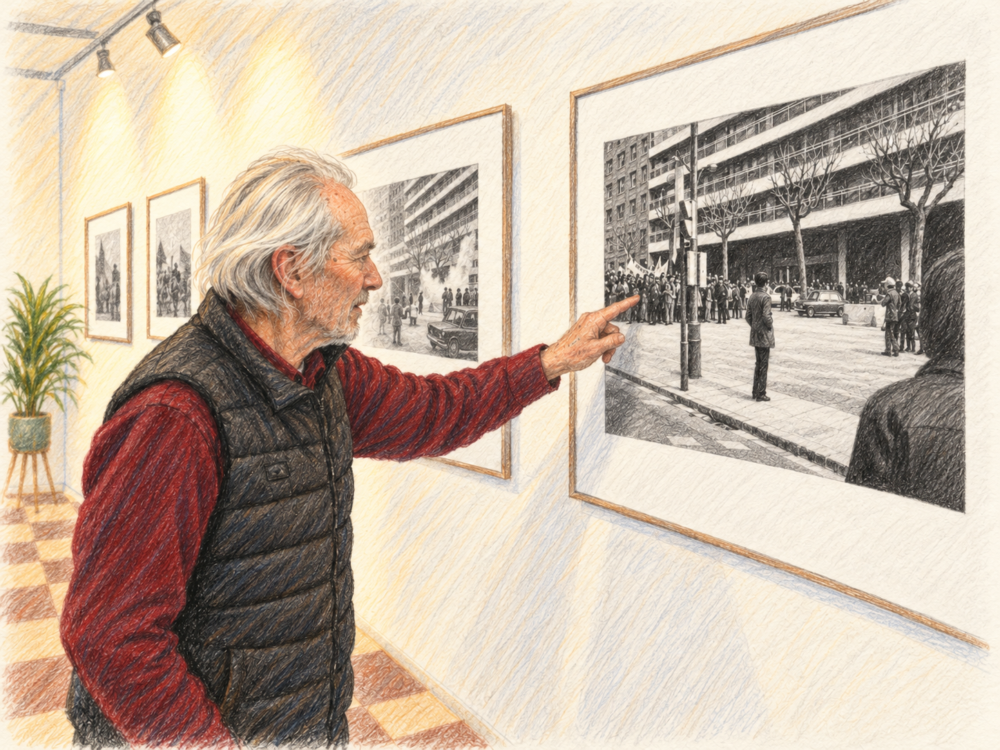 Bleistift- und Buntstiftzeichnung: Ein älterer weißhaariger Fotograf in rotem Hemd und dunkler Weste weist in einem Ausstellungsraum auf eine gerahmte Schwarz-Weiß-Aufnahme einer Demonstration; weitere Fotografien hängen an der Wand.