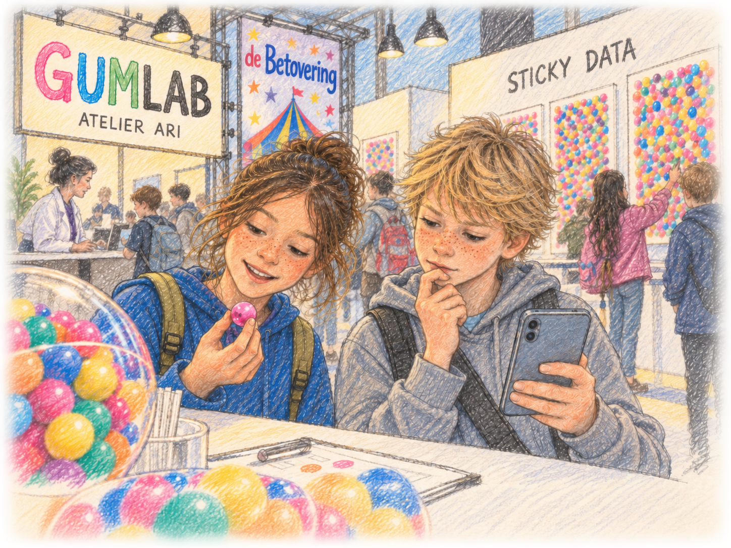 Bleistift- und Buntstiftzeichnung: Ein Mädchen hält einen pinkfarbenen Kaugummiball in der Hand, während ein Junge nachdenklich auf sein Smartphone blickt. Im Hintergrund sind der GUMLAB-Stand und bunte Tafeln zu Sticky Data zu sehen.