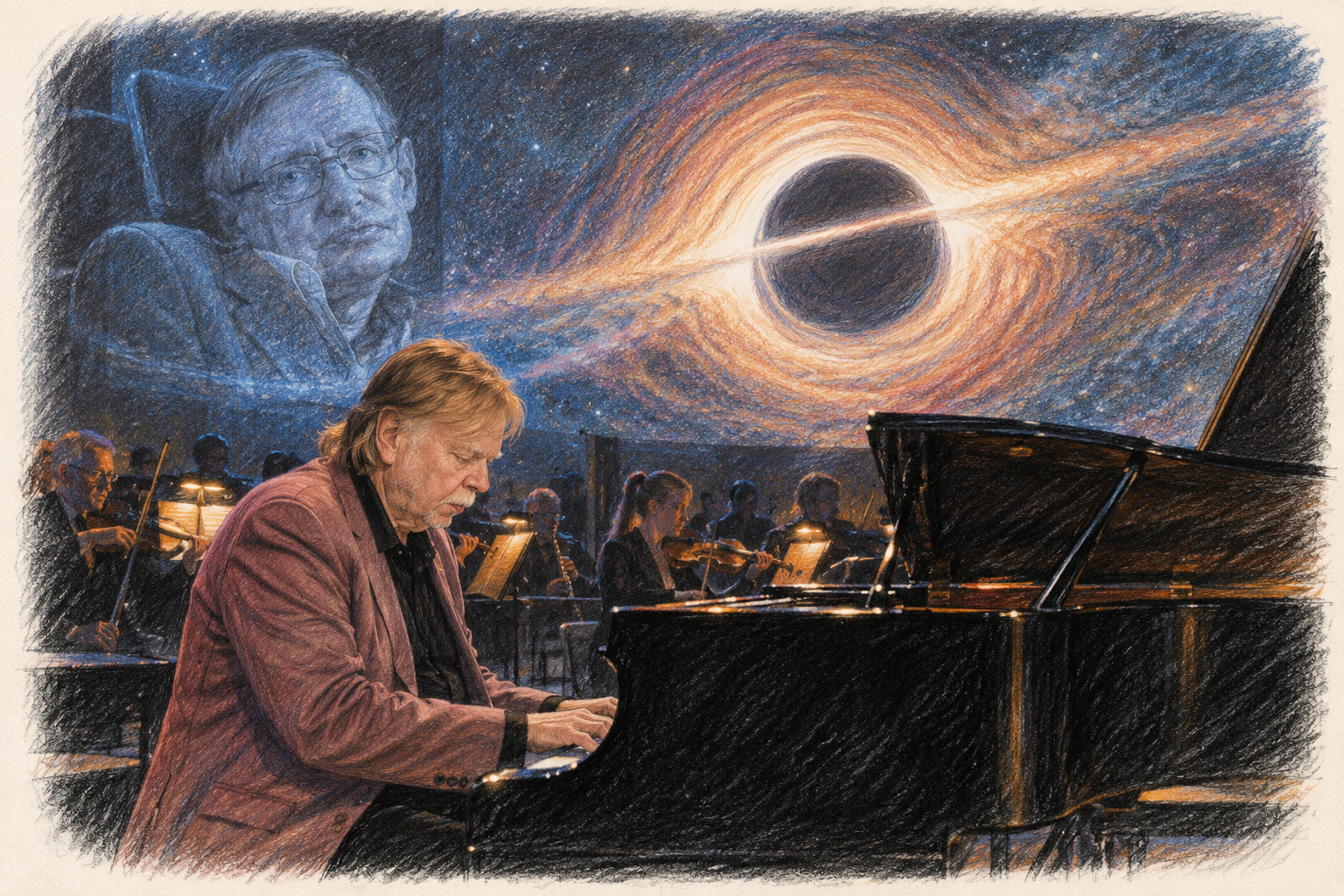 Buntstift- und Bleistiftillustration: Rick Wakeman sitzt im bordeauxfarbenen Jackett am Flügel; hinter einem kleinen Orchester erscheinen ein Schwarzes Loch und eine transparente Darstellung von Stephen Hawking auf einer Bühnenprojektion.