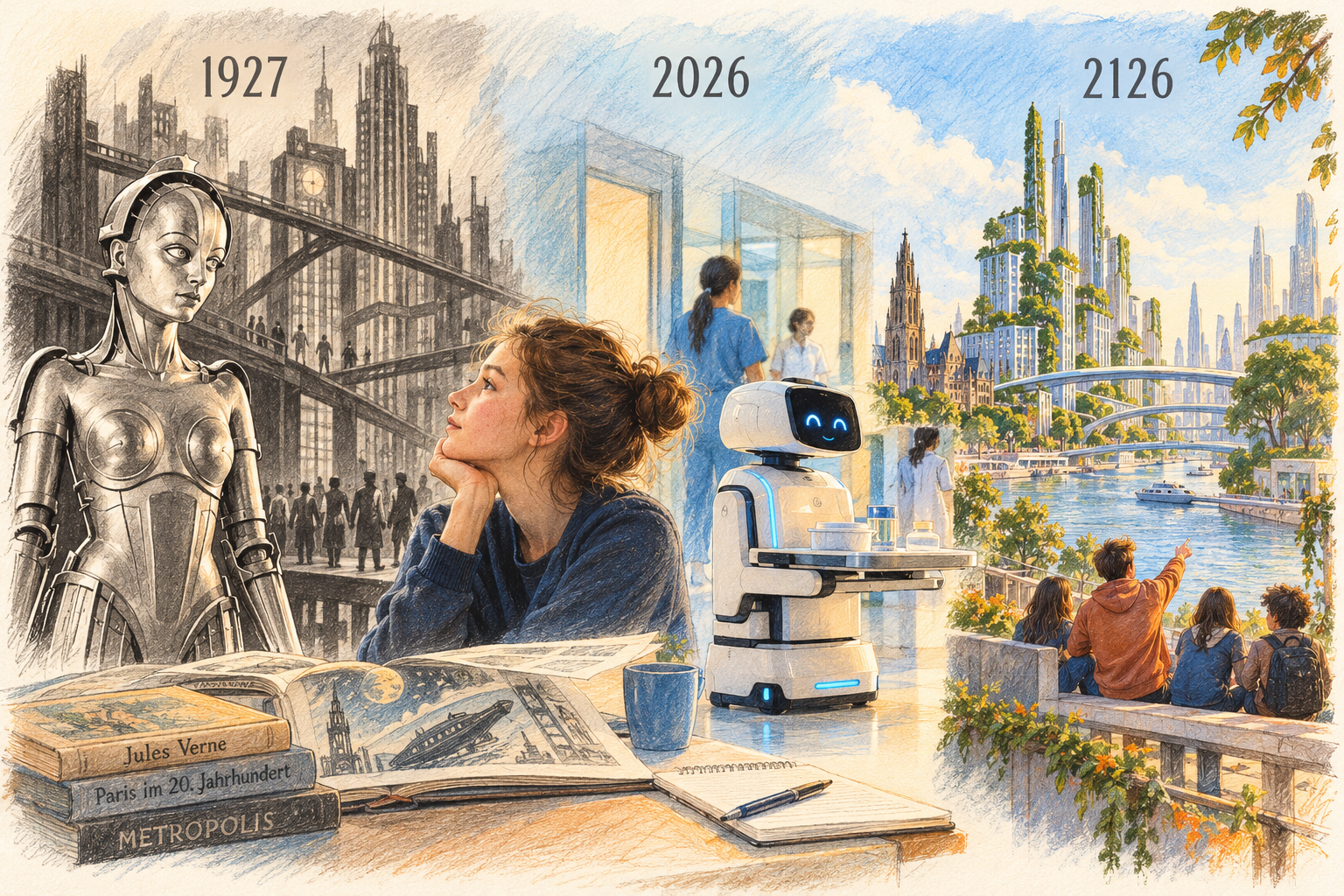 Illustration einer Zeitreise: Maschinenfrau von 1927, junger Mensch und Krankenhausroboter von 2026 sowie grüne Zukunftsstadt 2126.