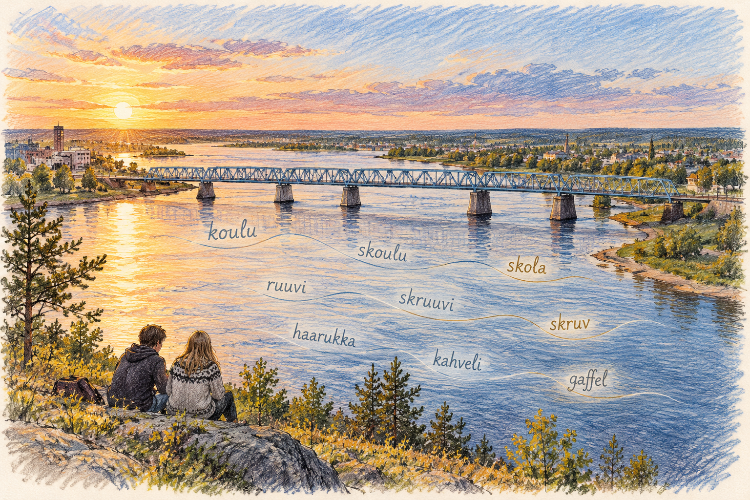 Gezeichnete Abendansicht des Tornioflusses mit stählerner Eisenbahnbrücke, zwei Jugendlichen am Ufer und Wortreihen auf dem Wasser.