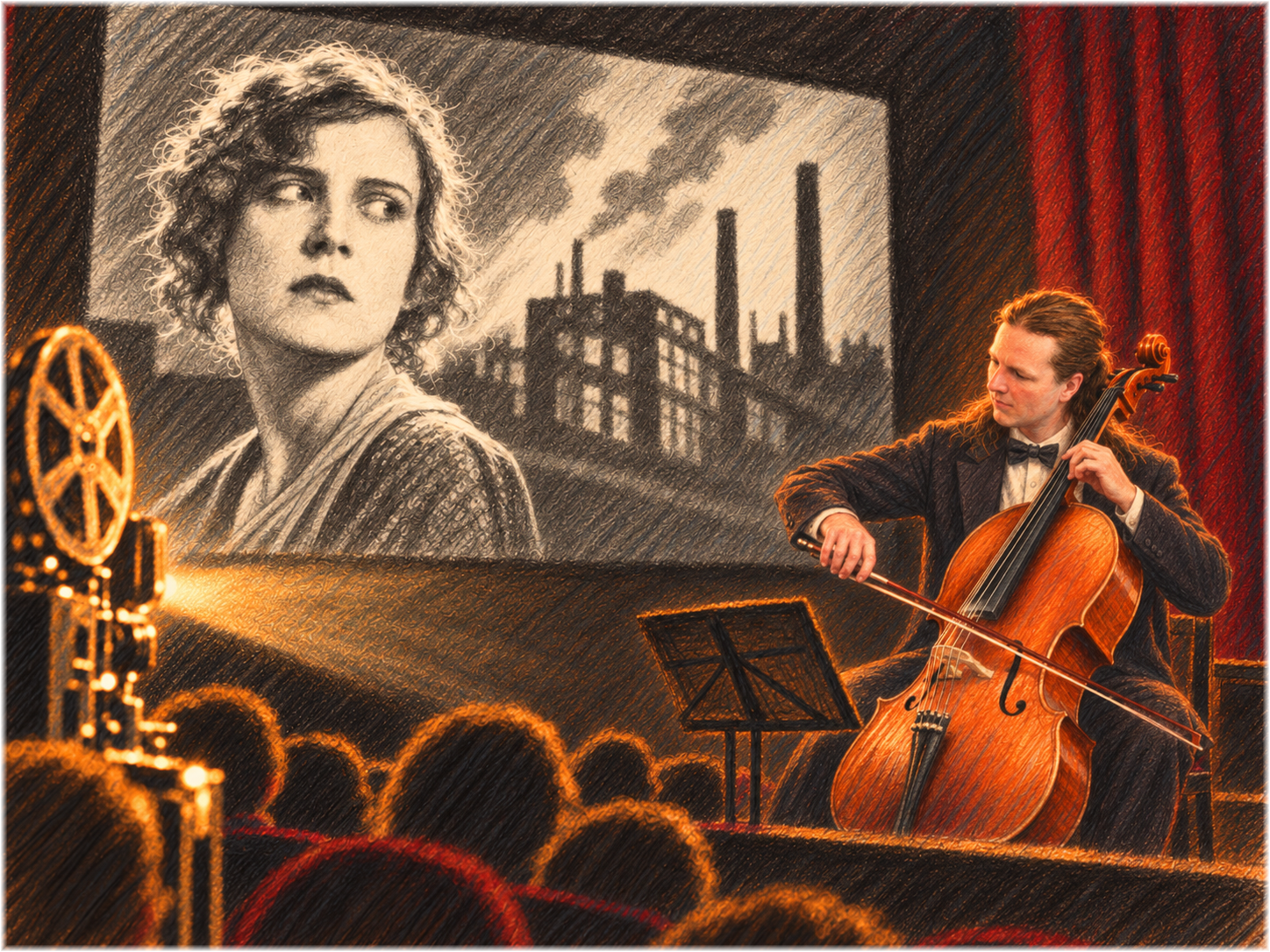 Gezeichnete Kinoszene: eine junge Frau aus einem Film von 1930 auf großer Schwarzweißleinwand; davor begleitet ein Cellist im dunklen Anzug die Vorführung. Filmprojektor und Zuschauer im Vordergrund.