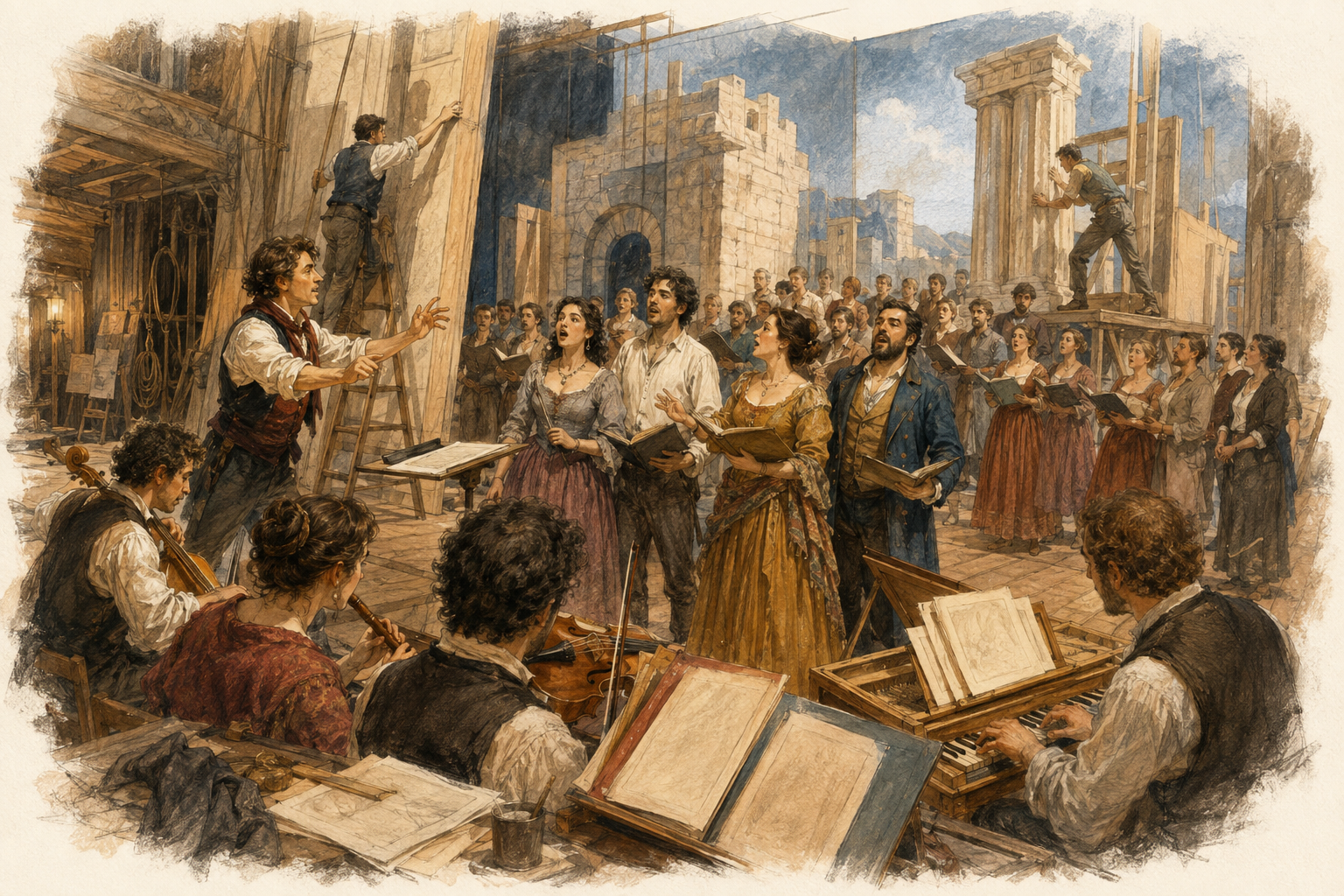 Handgezeichnete Opernprobe mit Solisten, Chor, historischen Instrumenten und Bühnenleuten vor einer im Aufbau befindlichen Kulisse des belagerten Korinth.