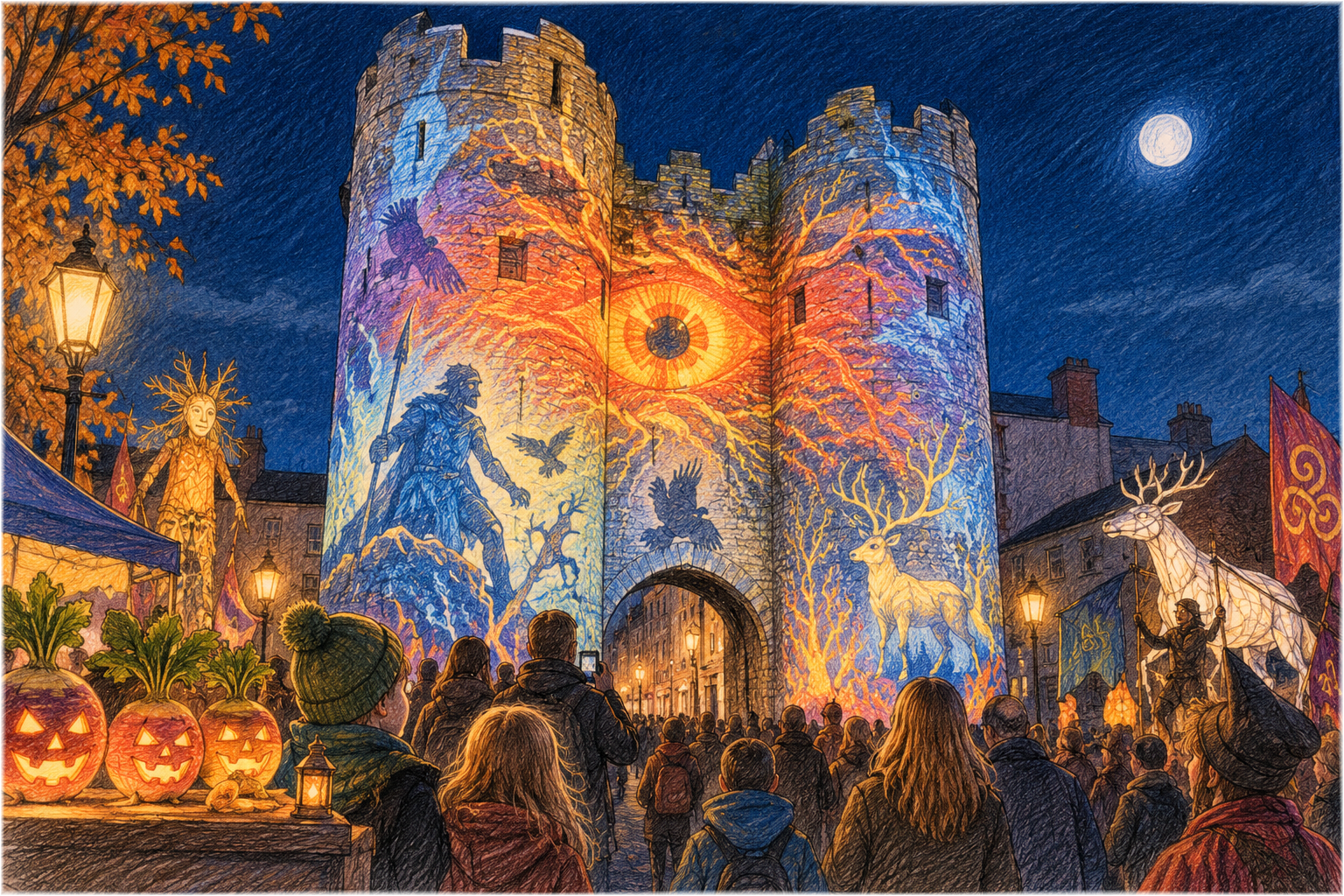 Buntstiftzeichnung des nächtlichen St Laurence’s Gate in Drogheda: zwei mittelalterliche Rundtürme mit farbigen Lichtmotiven und einem riesigen Auge, davor Zuschauer und leuchtende geschnitzte Rüben.