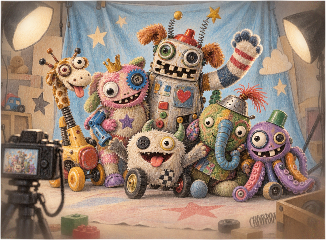 Buntstiftzeichnung einer künstlichen Fotostudio-Szenerie mit bunt zusammengebauten Spielzeugmonstern, darunter ein Metallroboter mit Plüscharmen, ein Tentakelwesen und Tiere mit Rädern, die vor einer Kamera posieren.