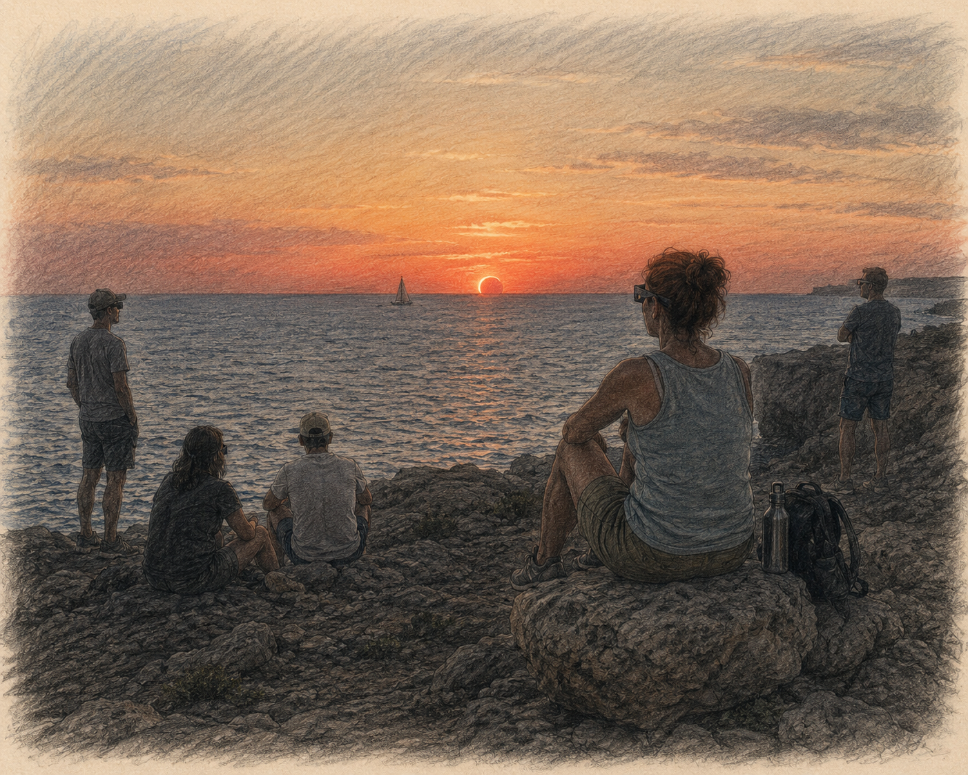 Menschen beobachten auf einem felsigen Plateau an Menorcas Westküste die tief stehende Sonnensichel; links daneben zieht ein kleines Segelboot über das Meer.